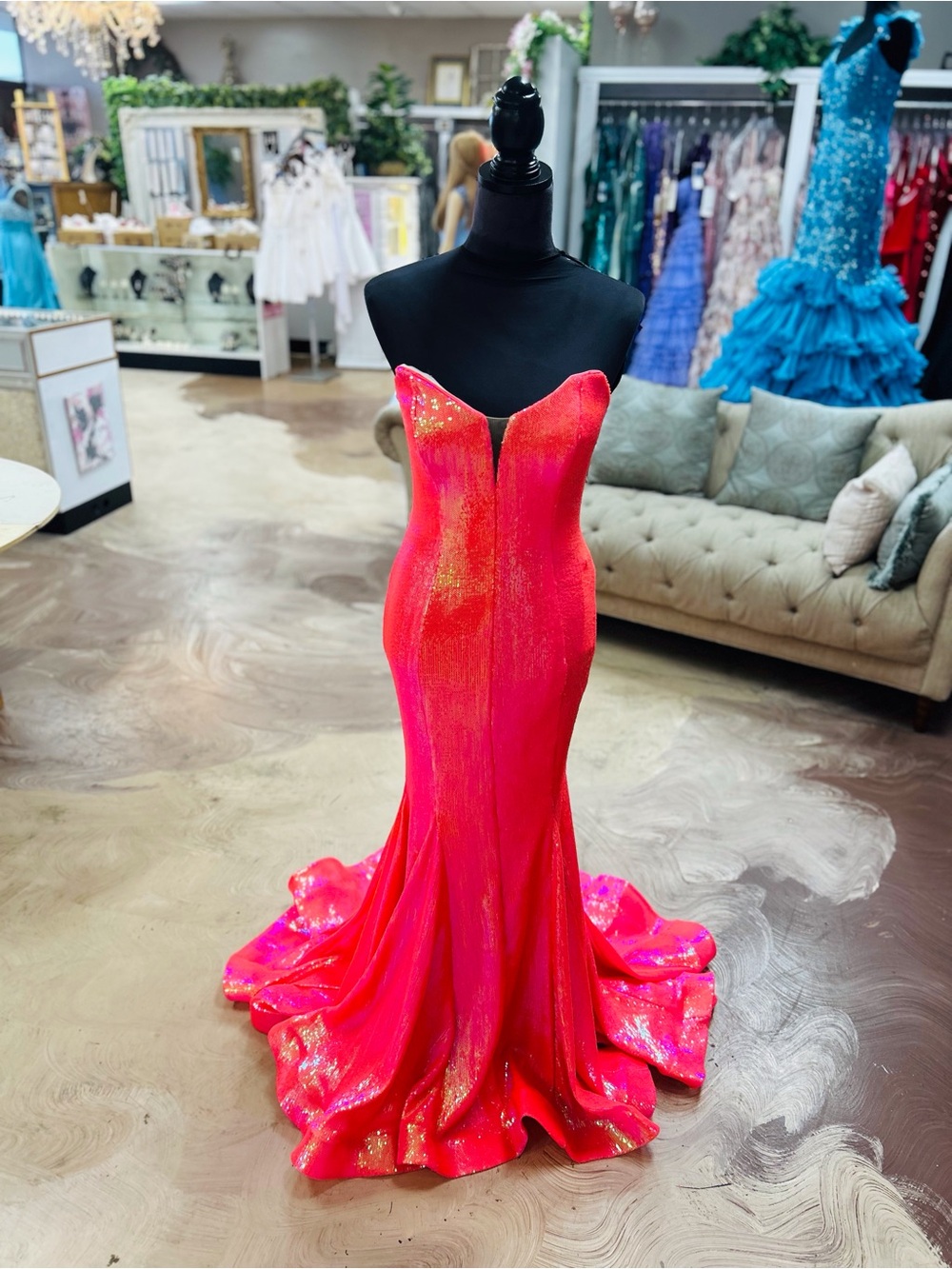Strapless Fuchsia Pink Sequin Mermaid Prom Dress